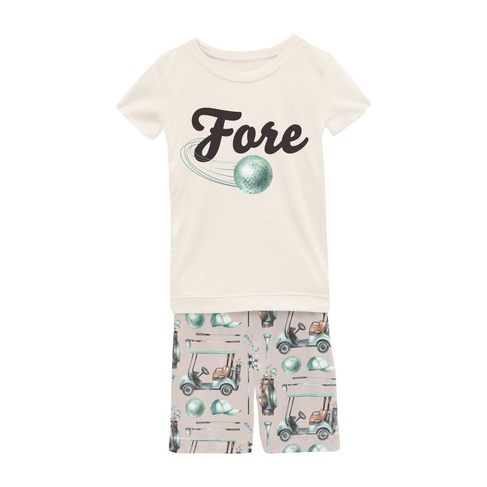 NEW KICKEE kid's short sleeve graphic tee pajama set with shorts in latte golf